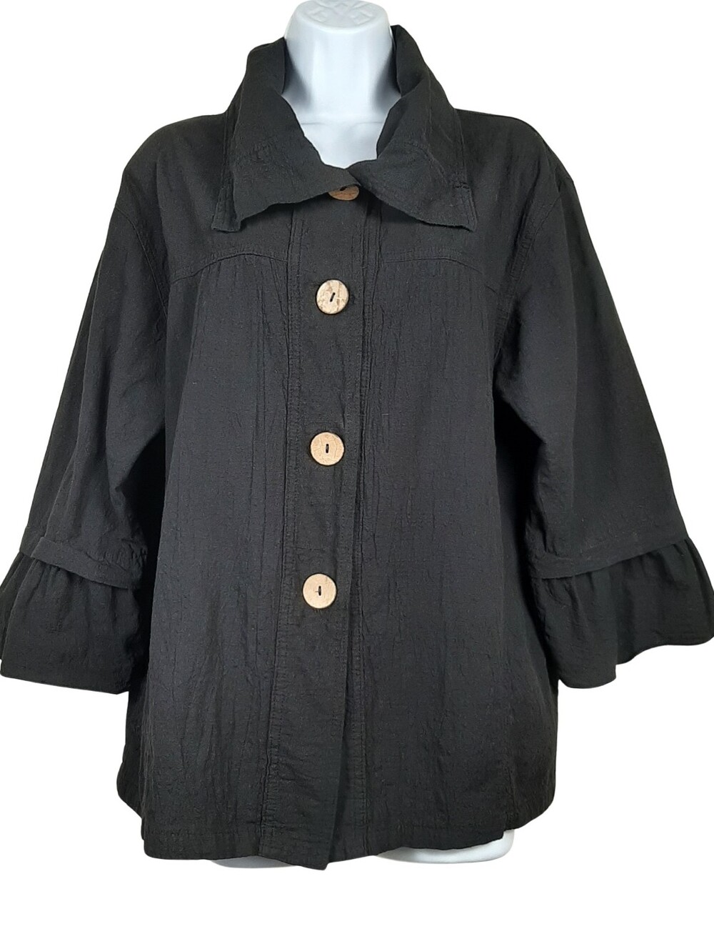 Sea Breeze Of California 100% Cotton Black Lagenlook Button Front Top Size Large